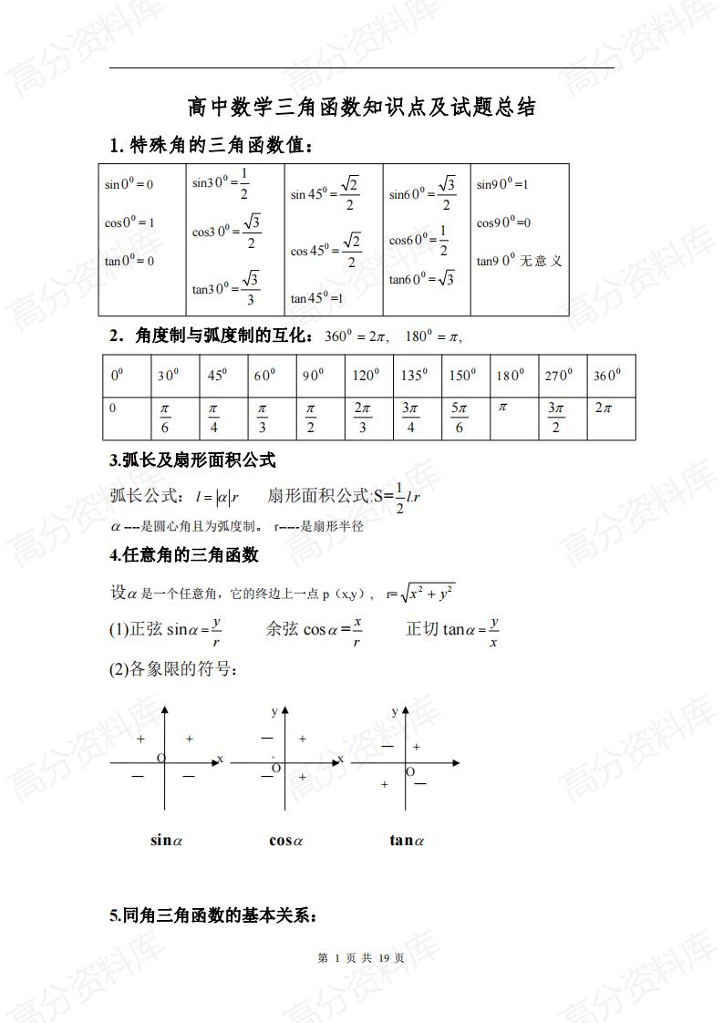 高中数学-高中数学三角函数知识点及试题总结-言心吖资料库