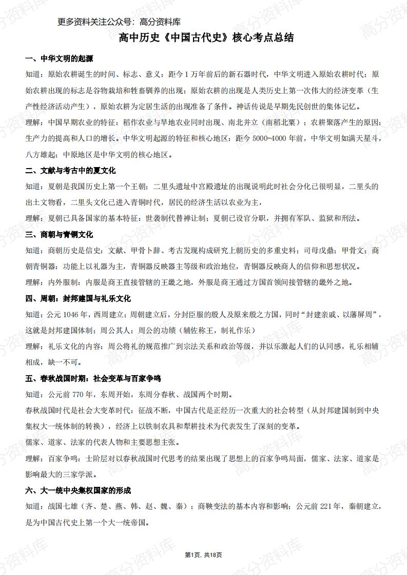 高中历史-《中国古代史》核心考点总结-言心吖资料库