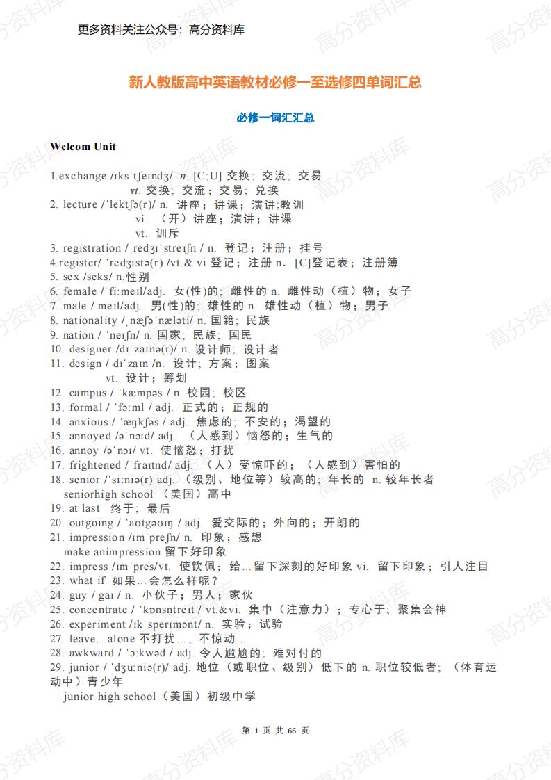 高中英语-新人教版高中英语教材必修一至选修四单词汇总（66页）-言心吖资料库