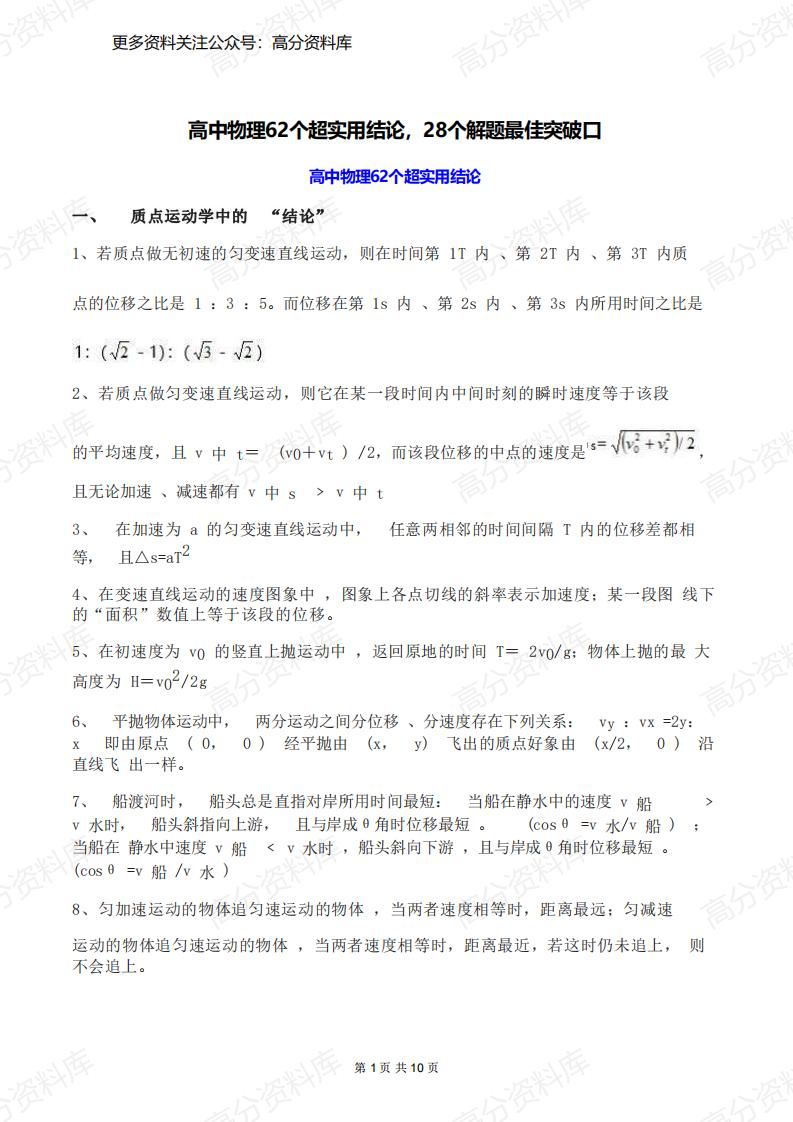 高中物理-62个超实用结论，28个解题最佳突破口-言心吖资料库