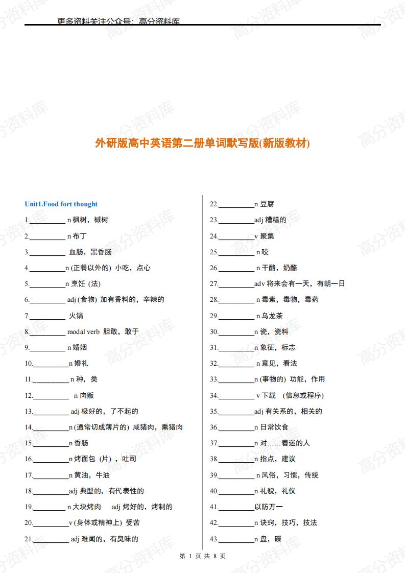 高中英语-外研版必修二单词默写版(2019最新版)-言心吖资料库