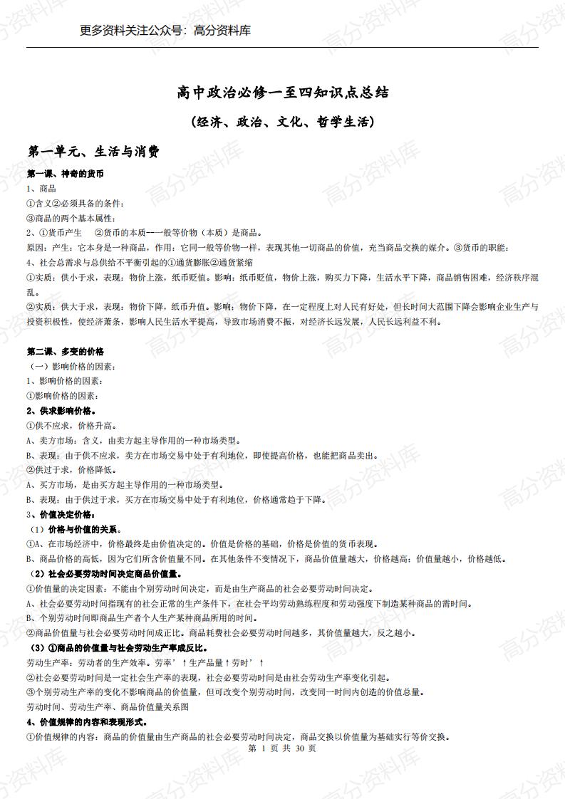 高中政治-必修一至四知识点总结(经济、政治、文化、哲学生活)-言心吖资料库