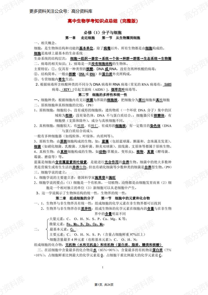 高中生物-学考知识点总结（完整版）-言心吖资料库