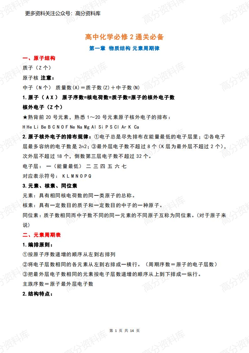 高中化学-必修2通关必备-言心吖资料库