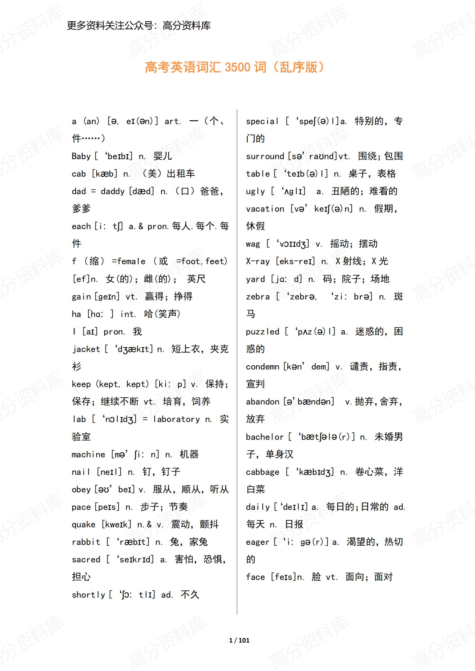高中英语-高考英语词汇3500词（乱序版）-言心吖资料库