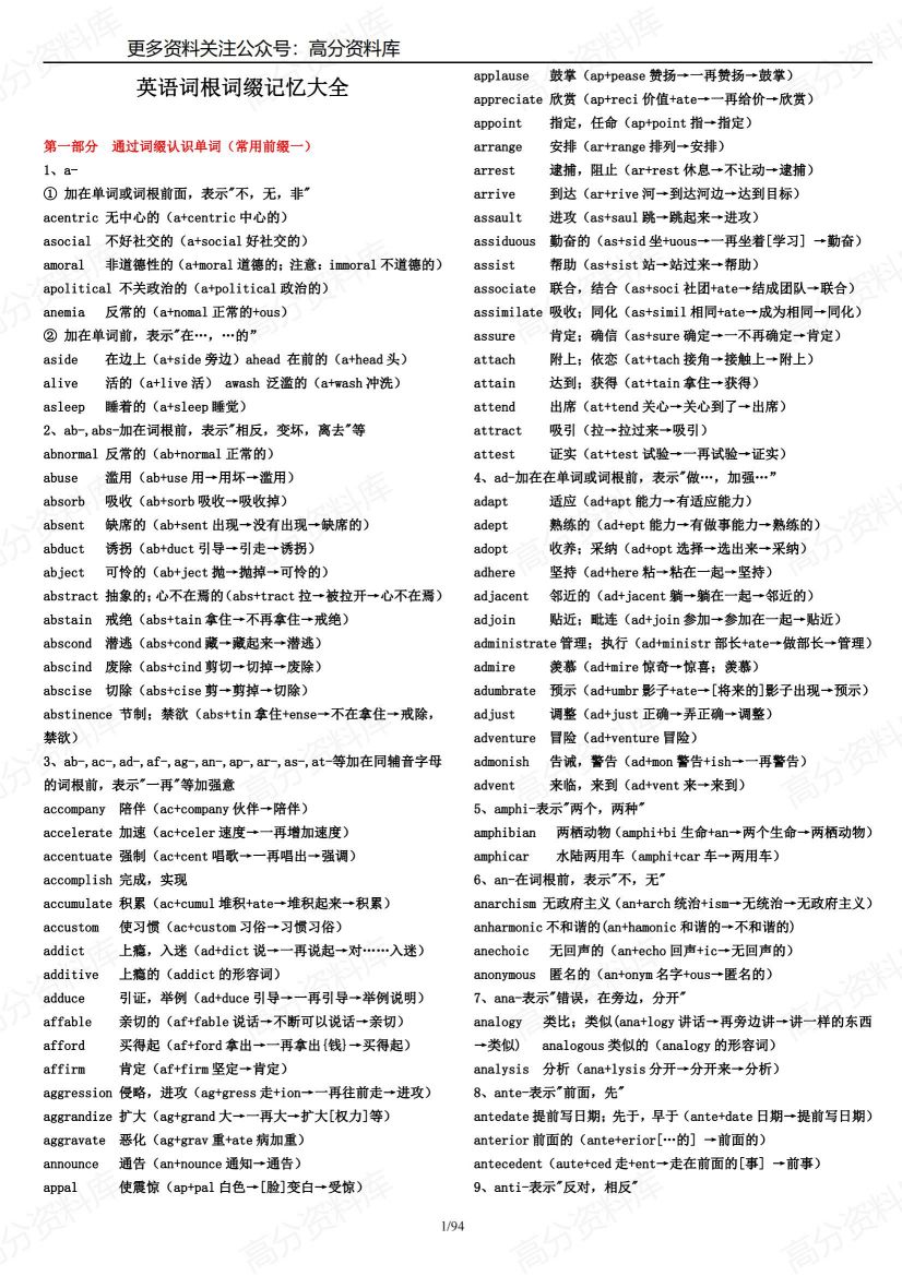 高中英语-单词词根词缀大全-言心吖资料库