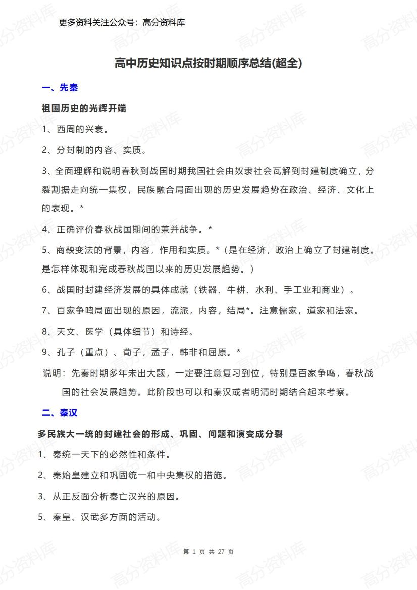 高中历史-知识点按时期顺序总结(超全)-言心吖资料库