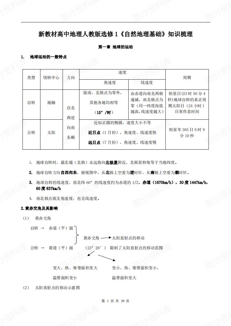 高中地理-新教材人教版（2019）选修1《自然地理基础》知识梳理-言心吖资料库