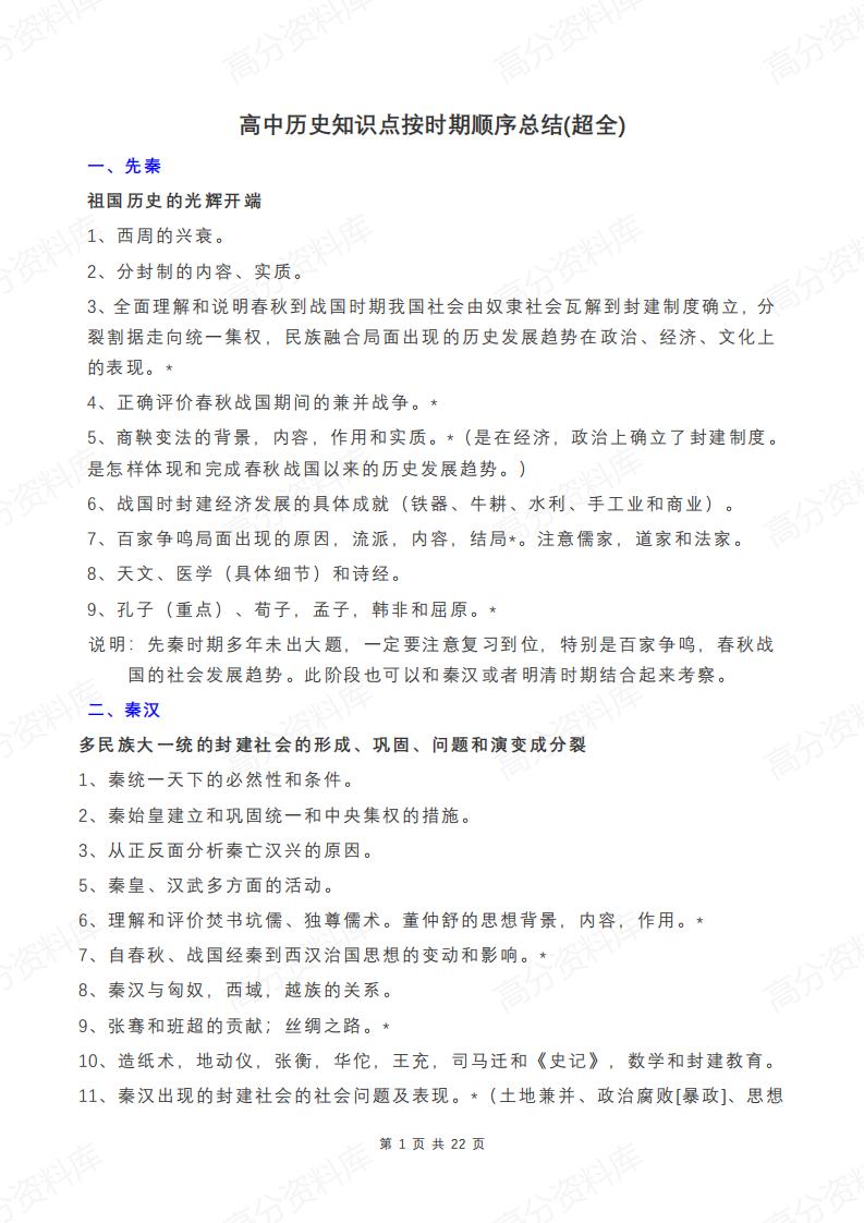 高中历史-按时期顺序总结的知识点(超全)-言心吖资料库