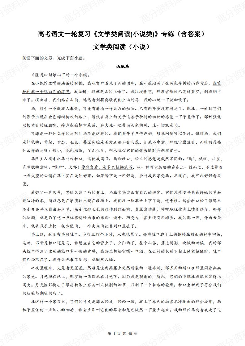 高中语文-高考一轮复习《文学类阅读(小说类)》专练（含答案）-言心吖资料库