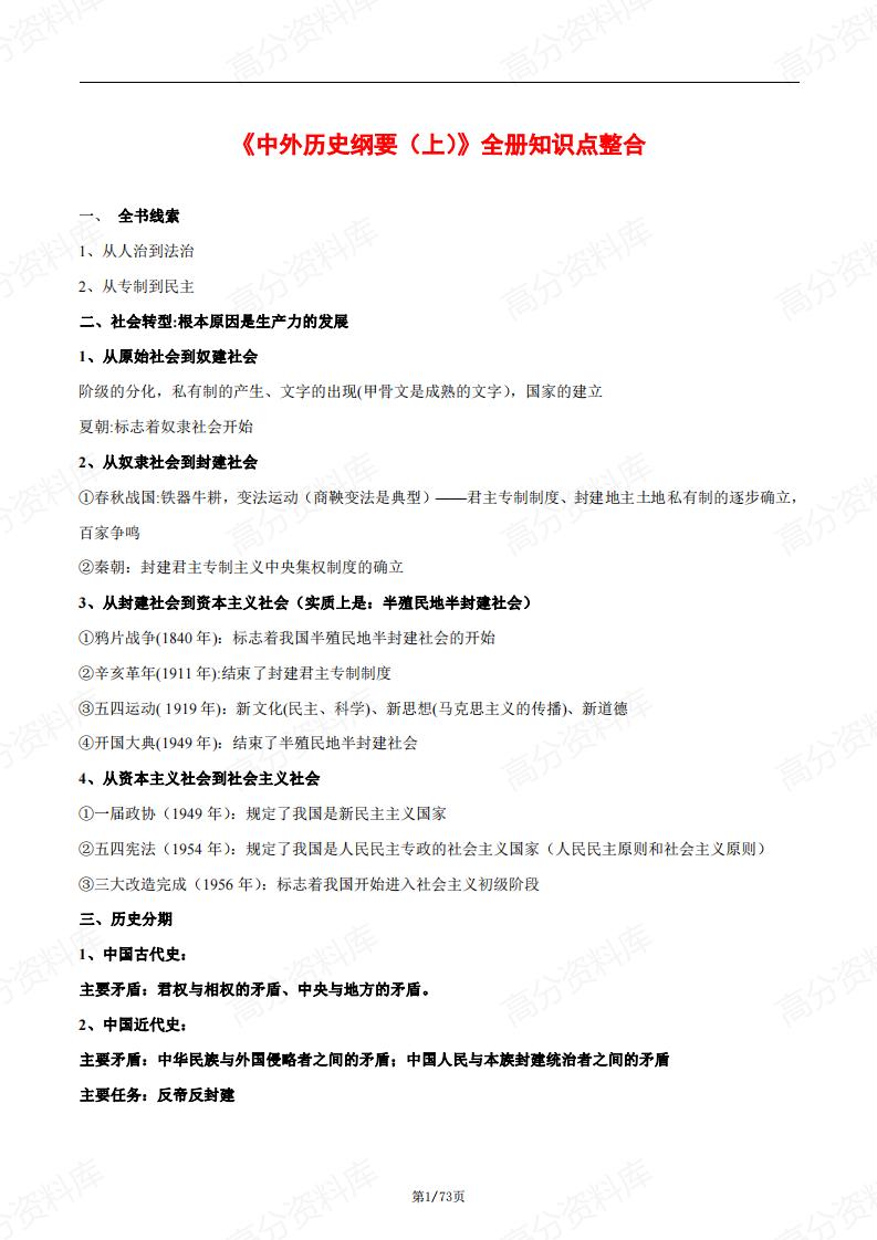 高中历史-人教部编版必修中外历史纲要(上)知识点-言心吖资料库