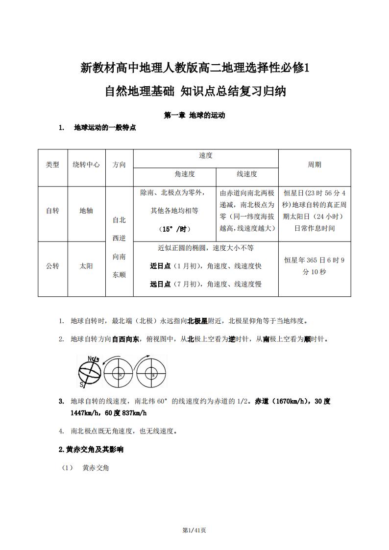 高中地理-新教材人教版高二选择性必修1自然地理基础知识点总结复习归纳-言心吖资料库