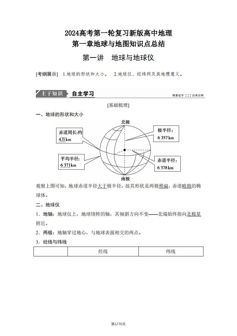 高中地理-2024高考第一轮复习新版第一章地球与地图知识点总结-言心吖资料库