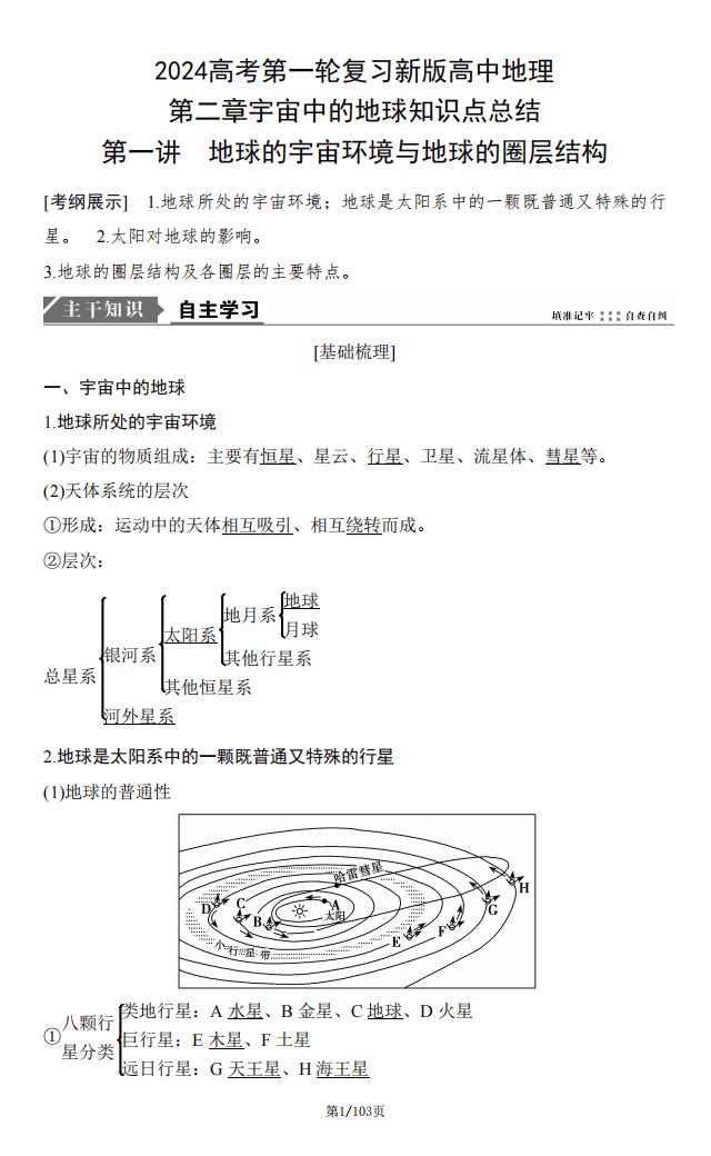高中地理-2024高考第一轮复习第二章宇宙中的地球知识点总结-言心吖资料库