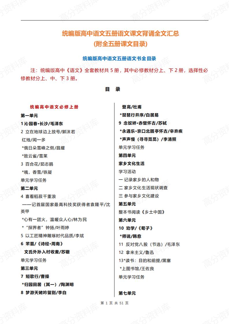 高中语文-统编版五册课文背诵全文汇总附全五册课文目录-言心吖资料库