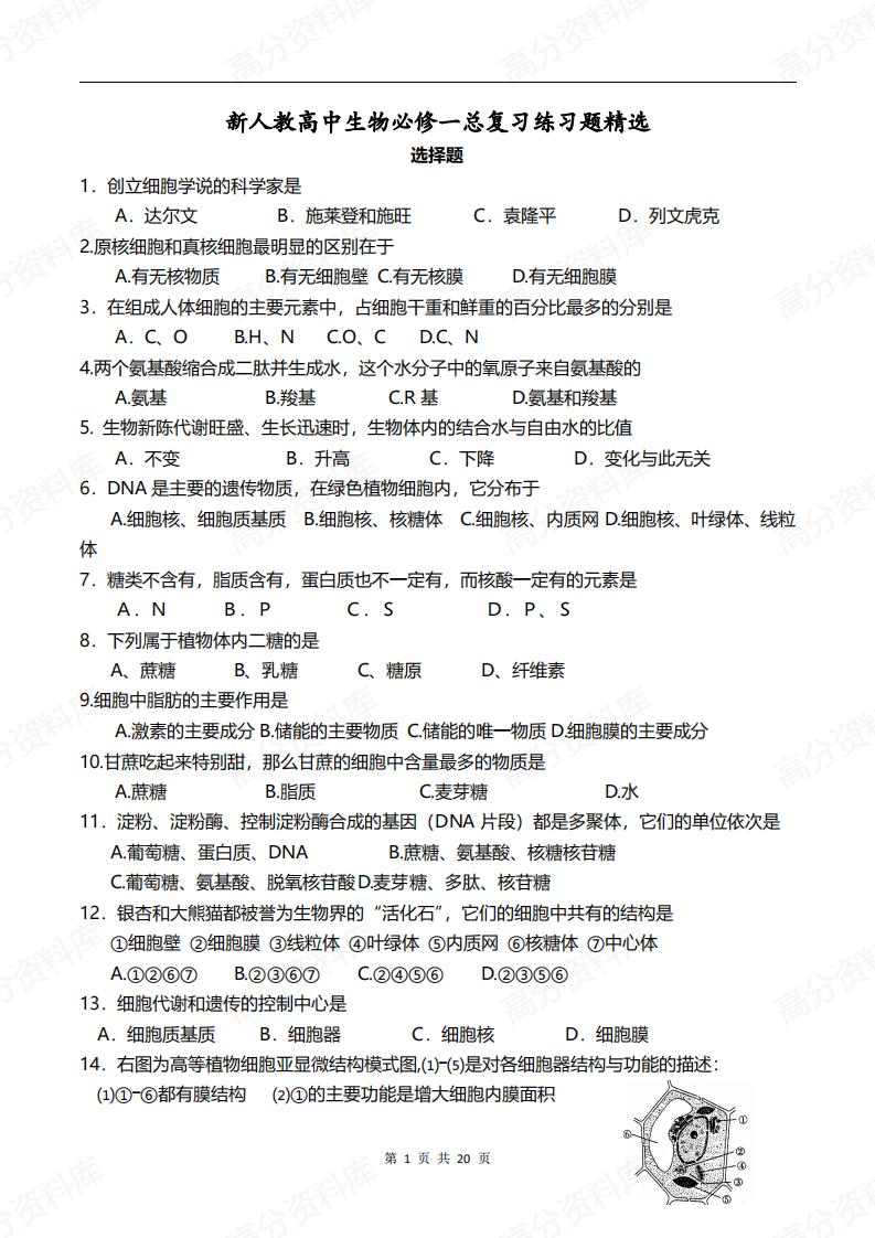 高中生物-新人教高中生物必修一总复习练习题精选-言心吖资料库