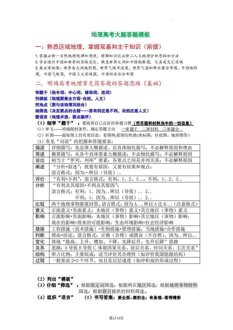 高中地理-高考大题答题模板-言心吖资料库