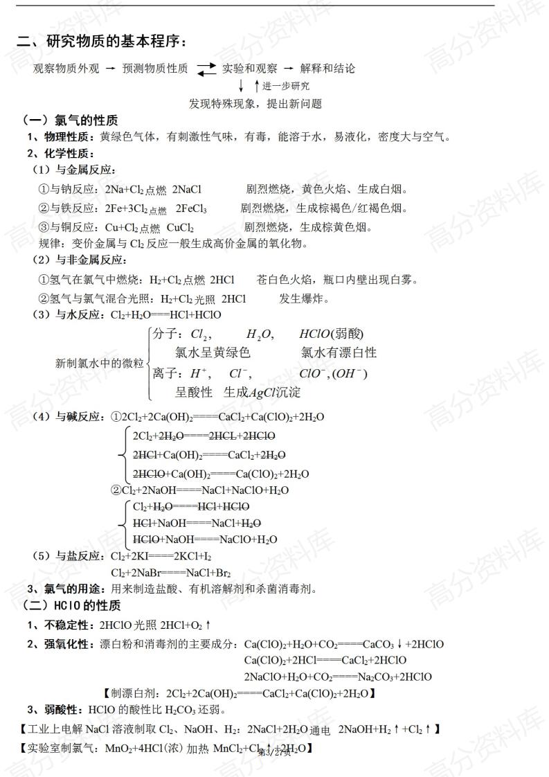 高中化学-新教材鲁科版高中化学高一年级化学必修1知识点归纳总结插图高中化学2