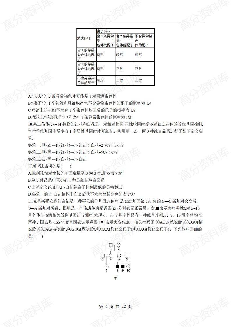 高中生物-高考生物复习《遗传规律与伴性遗传(含人类遗传病)》专项练习及答案插图高中生物3