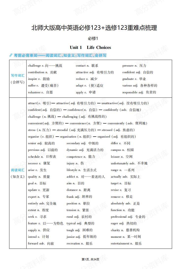 高中英语-北师大版必修123+选修123重难点梳理-言心吖资料库