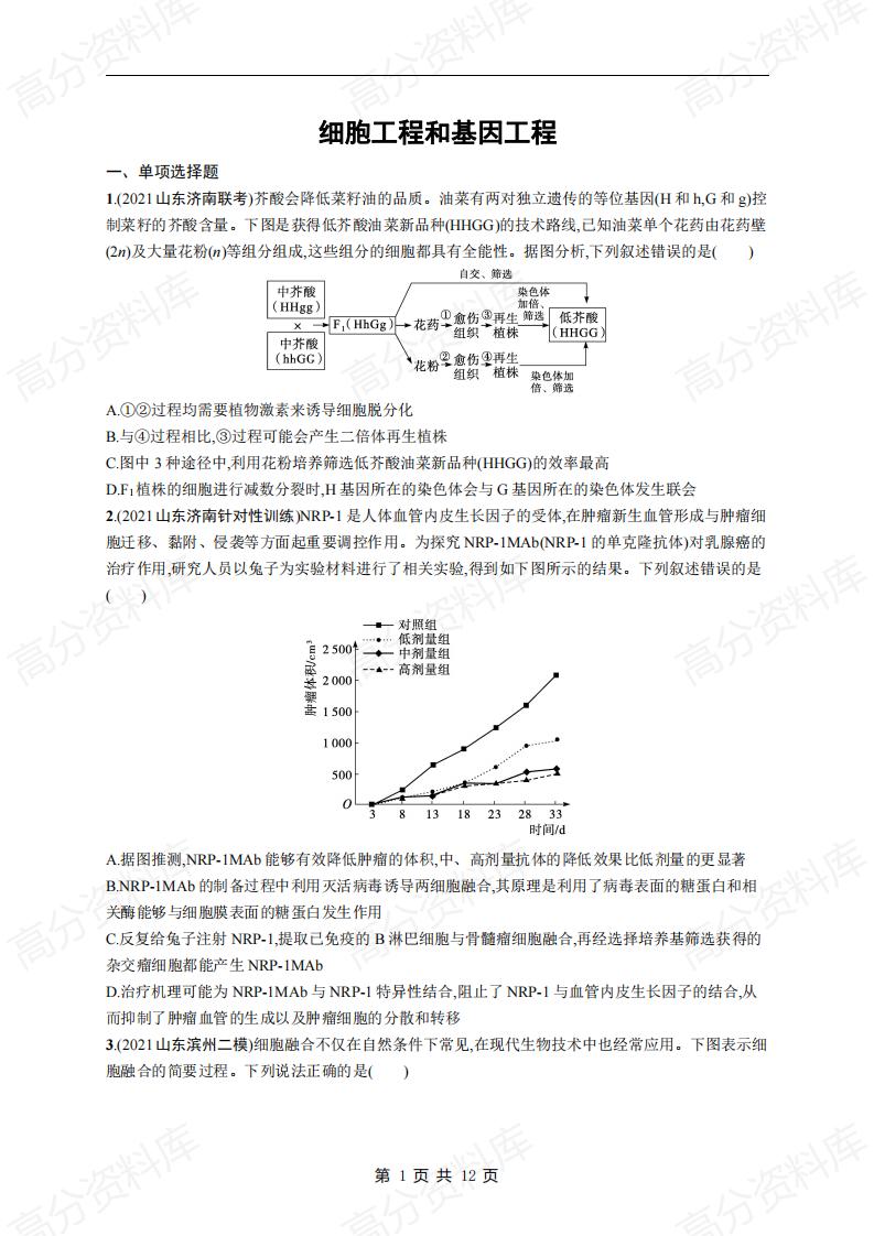 高中生物-高考生物复习《细胞工程和基因工程》专项练习及答案-言心吖资料库