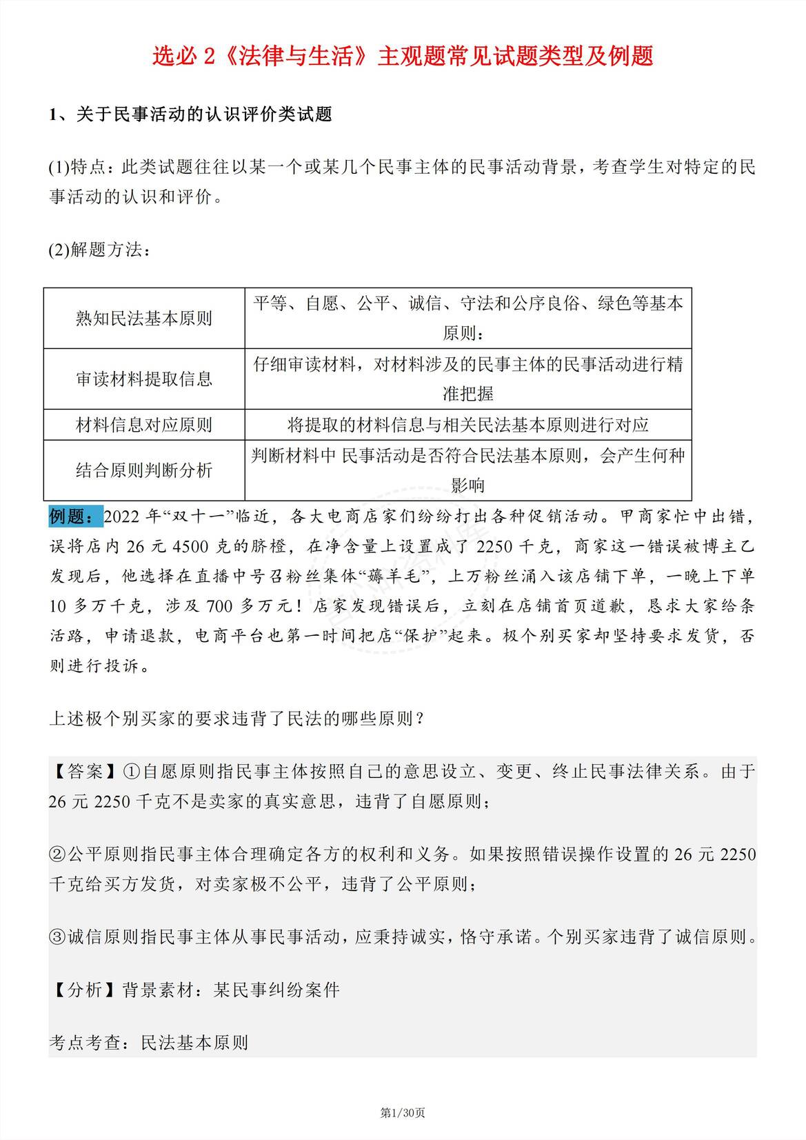高中政治-选必2法律与生活主观题常见试题类型及例题-言心吖资料库