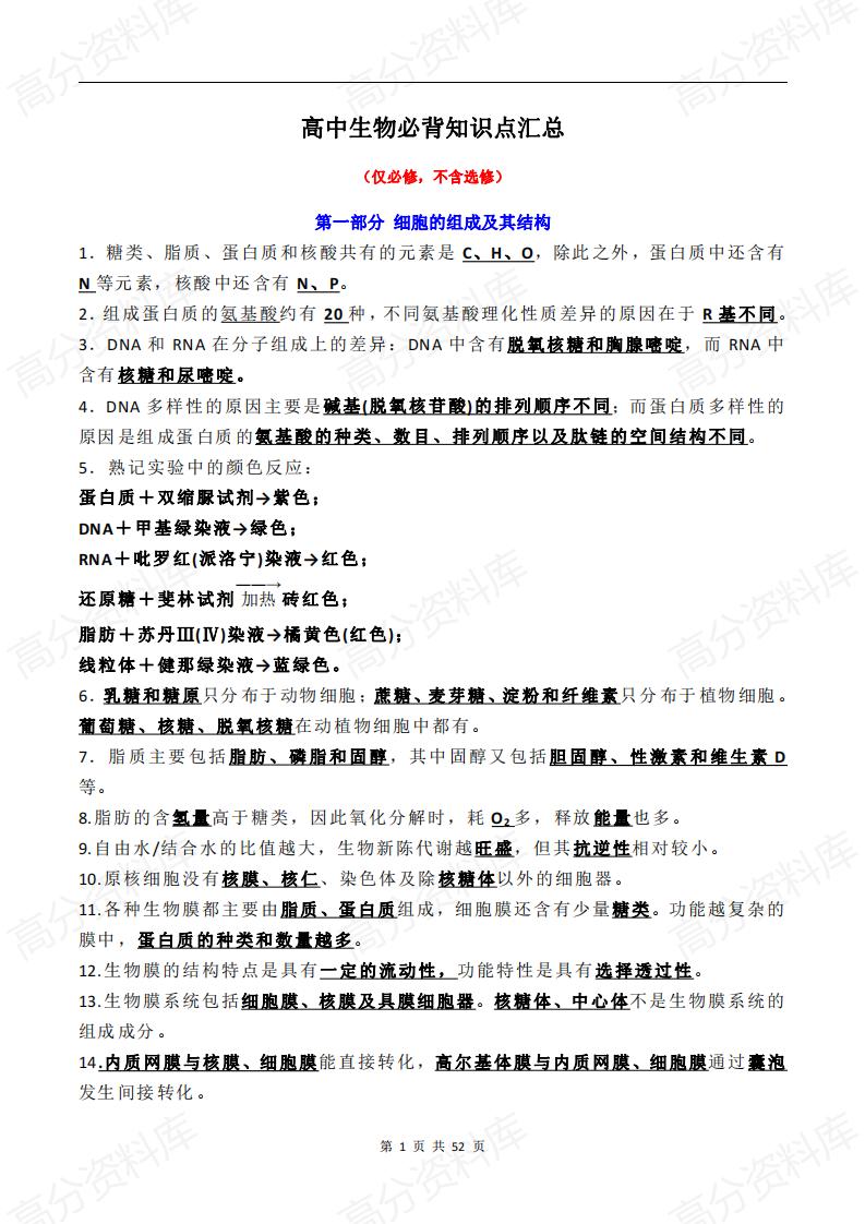 高中生物-高中生物必背知识点汇总-言心吖资料库