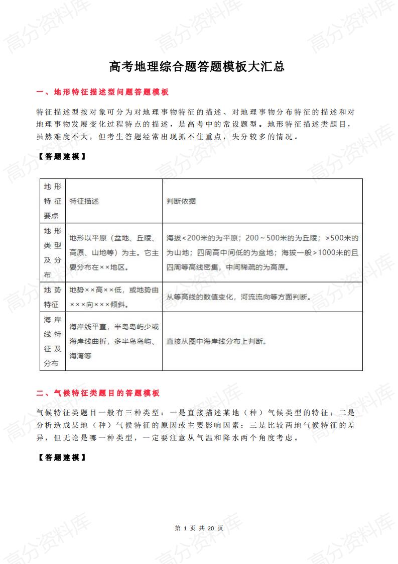 高中地理-高考地理综合题答题模板大汇总-言心吖资料库