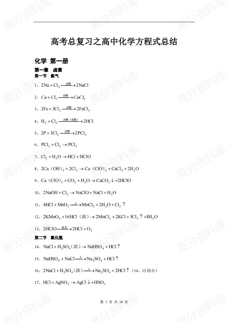 高中化学-高考总复习之高中化学方程式总结-言心吖资料库