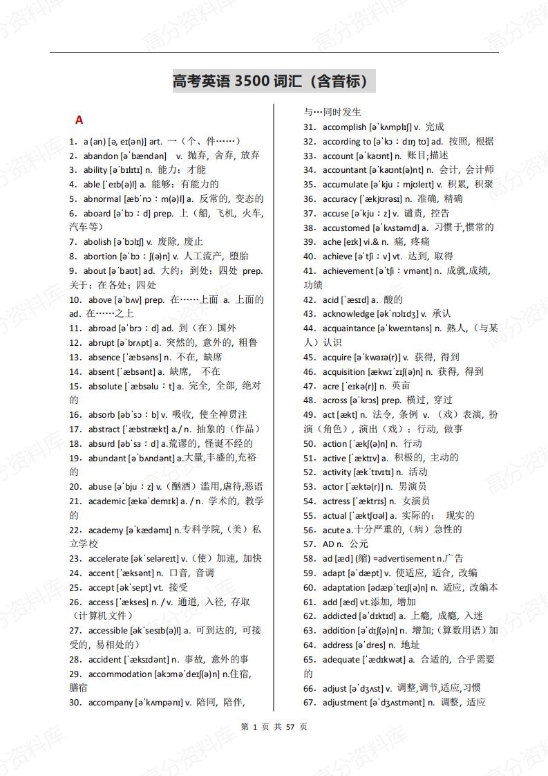 高中英语-高考英语3500词汇(含音标)-言心吖资料库