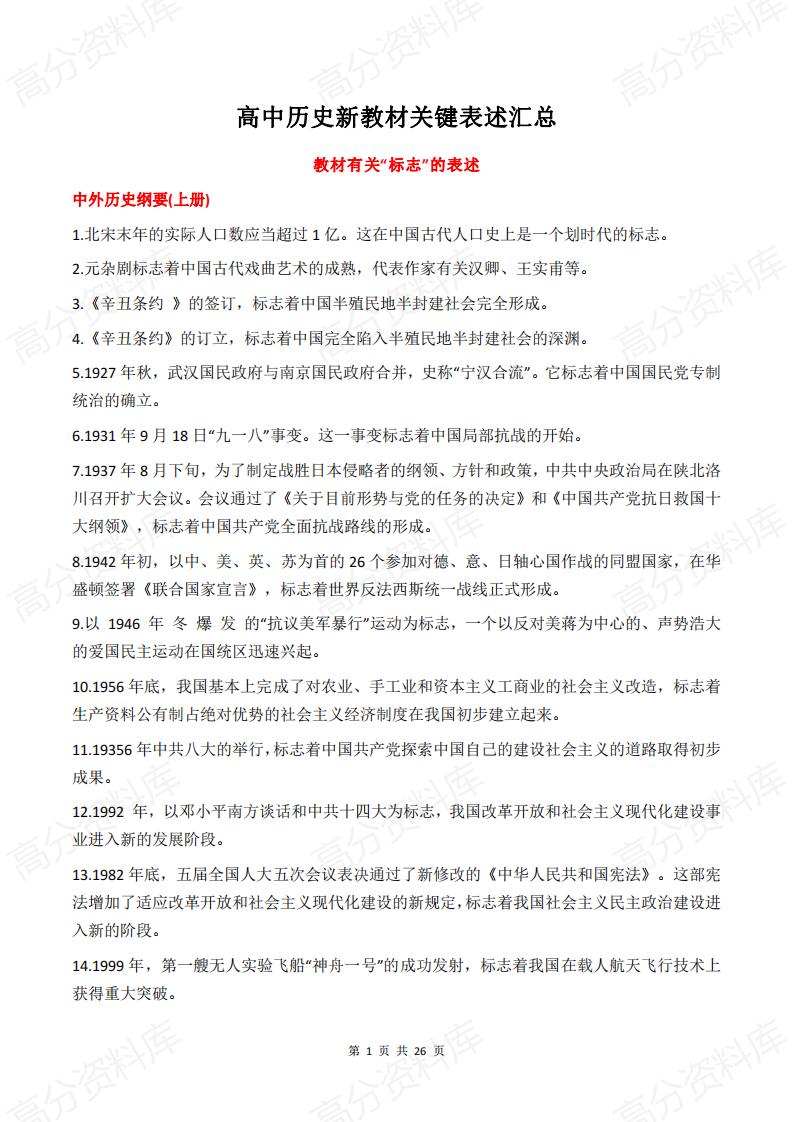 高中历史-高中历史新教材关键表述汇总-言心吖资料库