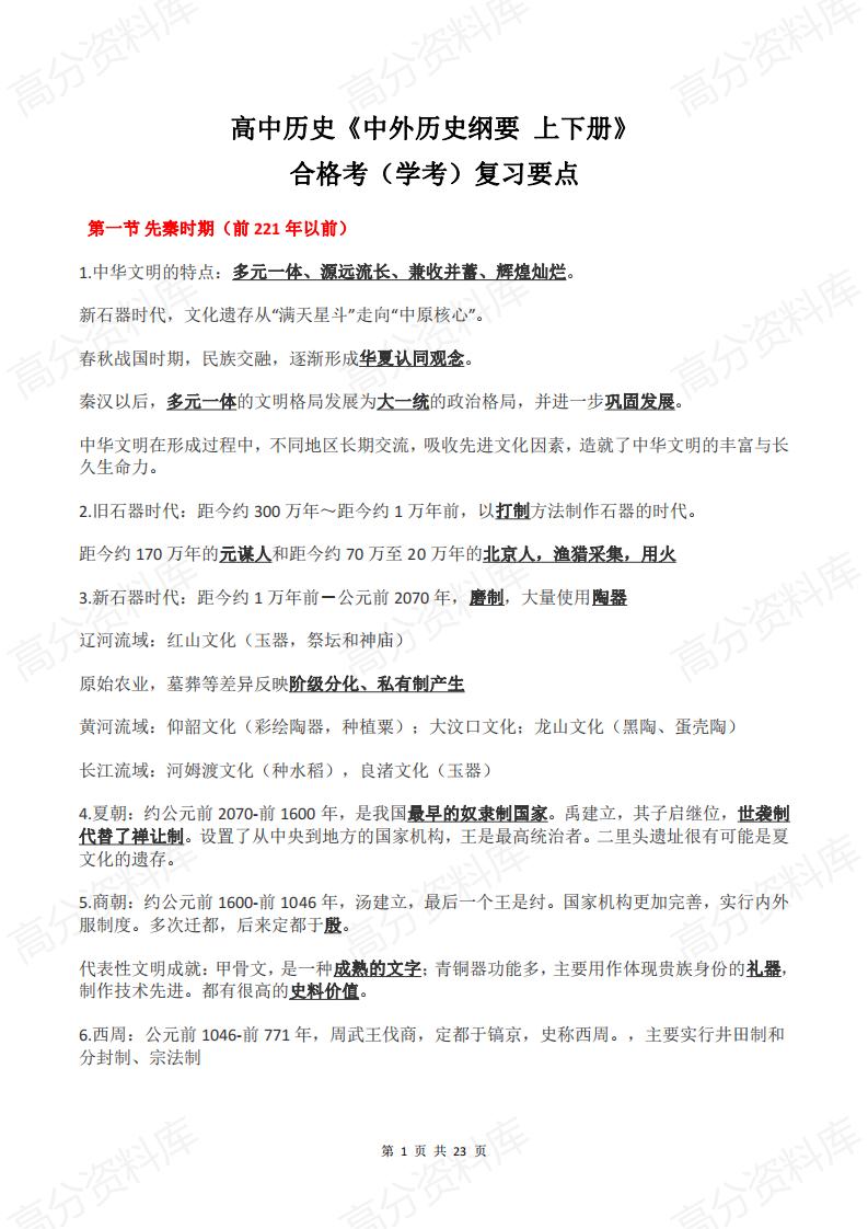 高中历史-高中历史《中外历史纲要上下册》合格考学考复习要点-言心吖资料库