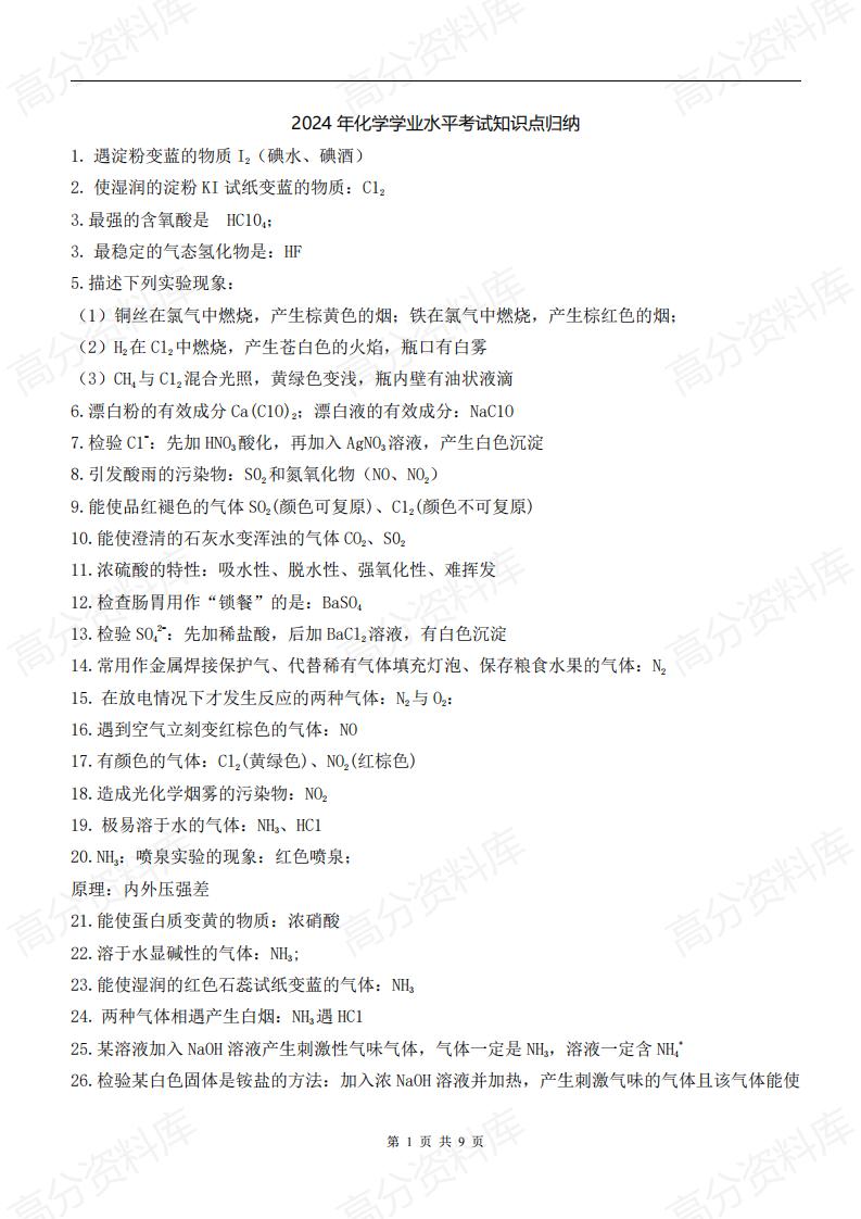 高中化学-2024年化学学业水平知识点归纳-言心吖资料库