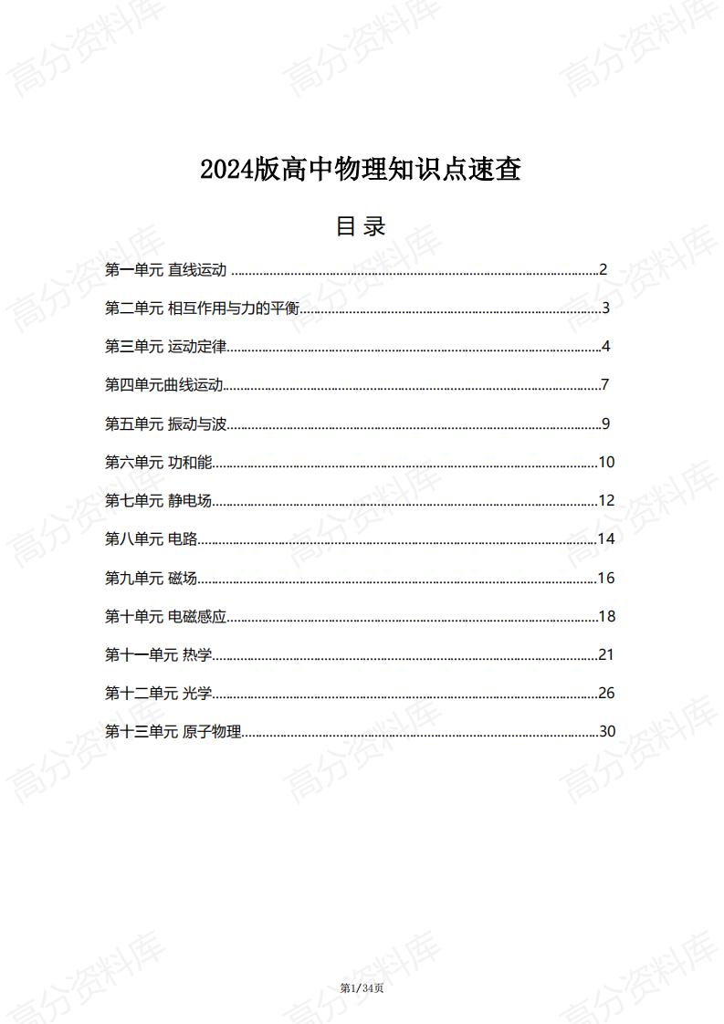 高中物理-2024版高中物理知识点速查-言心吖资料库