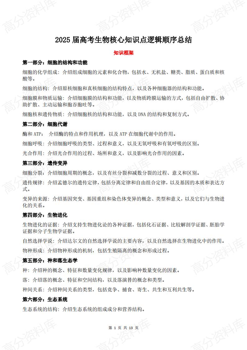 高中生物-2025届高考生物核心知识点逻辑顺序总结-言心吖资料库