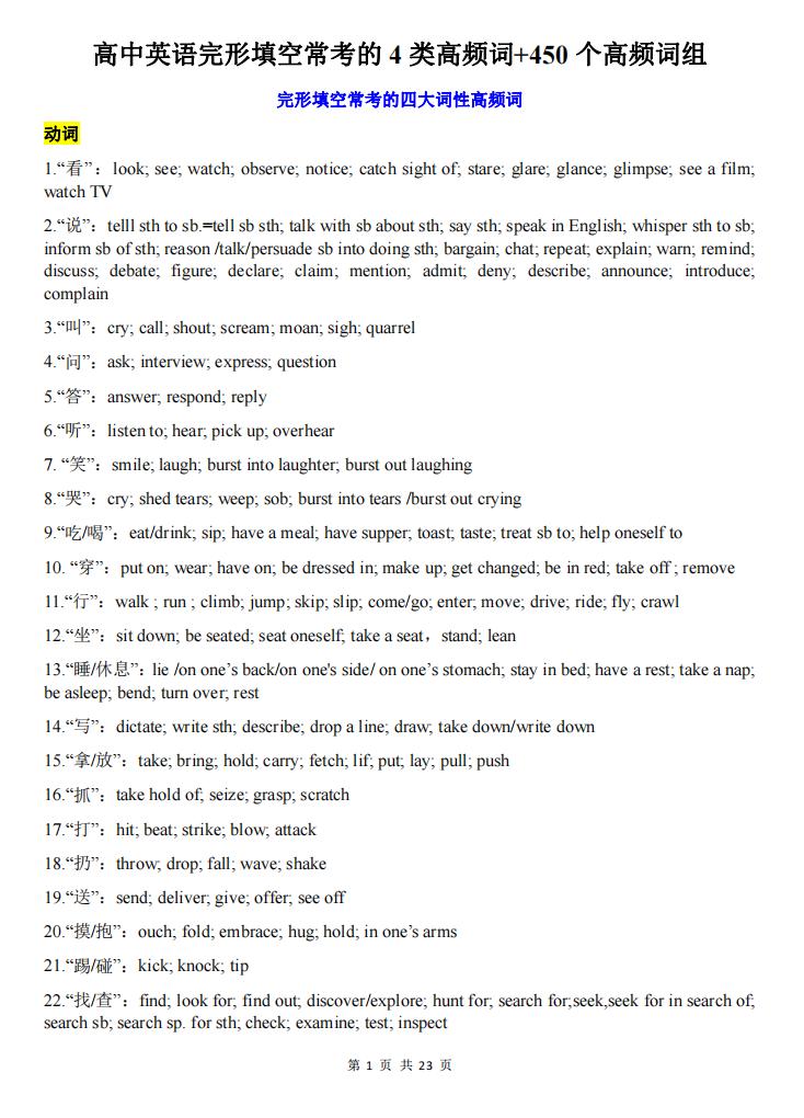 高中英语-完形填空常考的4类高频词+450个高频词组！-言心吖资料库