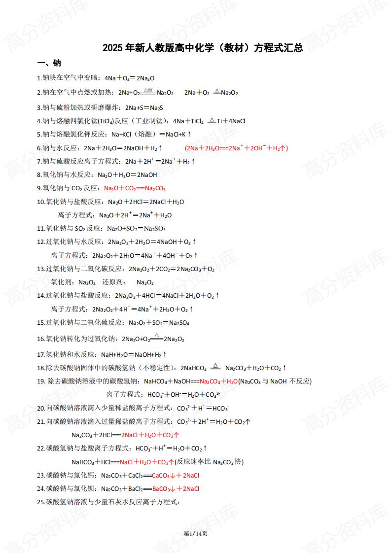 高中化学-2025年新人教版高中化学（教材）方程式汇总-言心吖资料库
