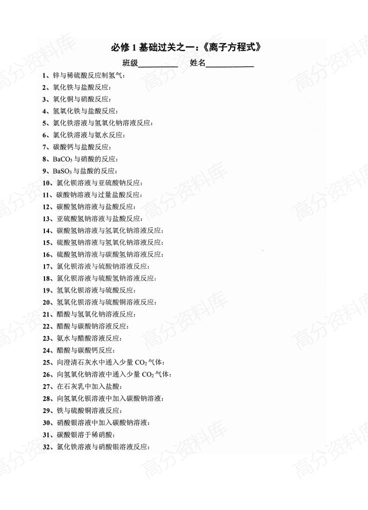 高中化学-人教版必修一过关检测（填空版+答案版）插图高中化学1