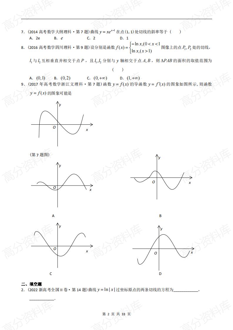 高中数学-高考数学十年（2014-2023）真题汇编：导数选择、填空（含答案解析）插图高中数学1