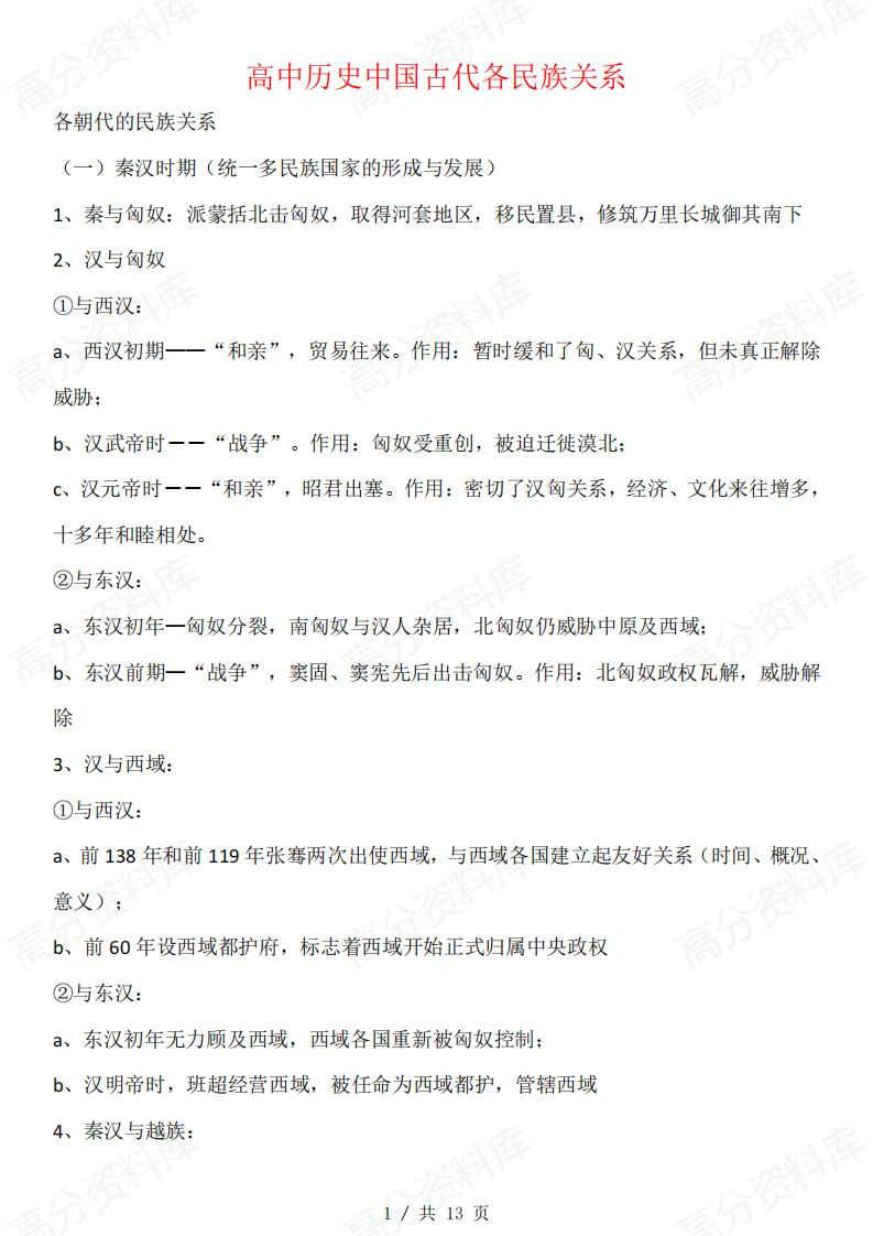 高中历史-中国古代各民族关系-言心吖资料库