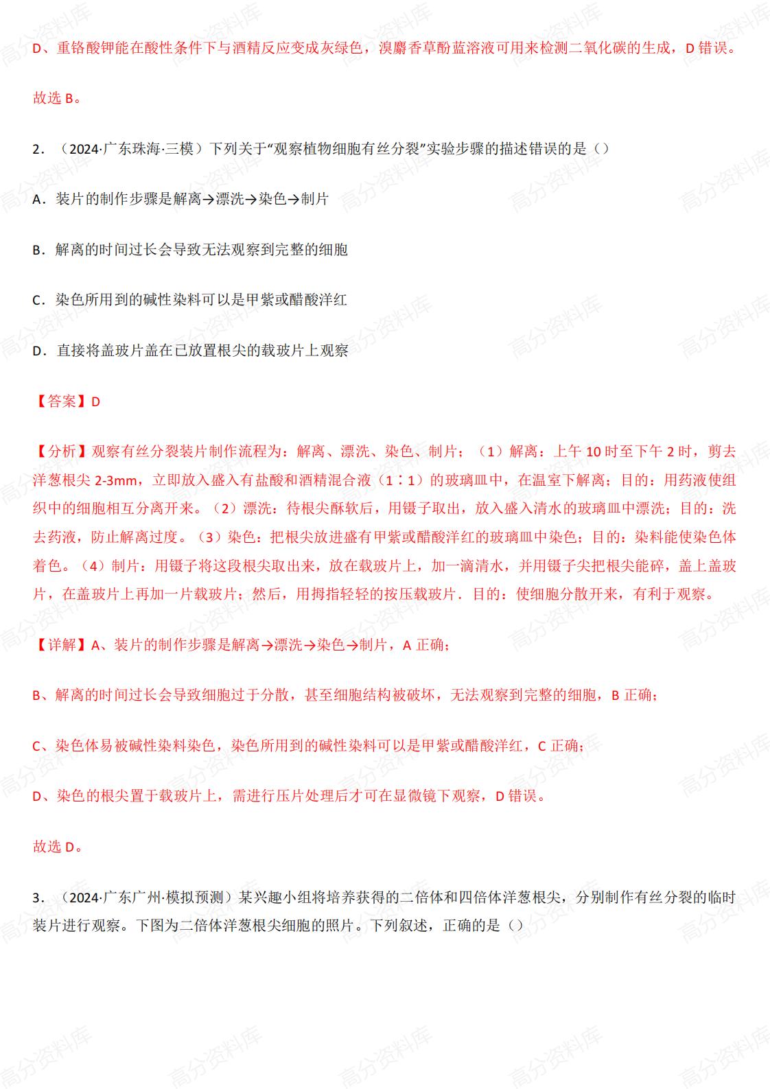 高中生物-有丝分裂和减数分裂3年（2022-2024）真题汇编和模拟题插图高中生物3