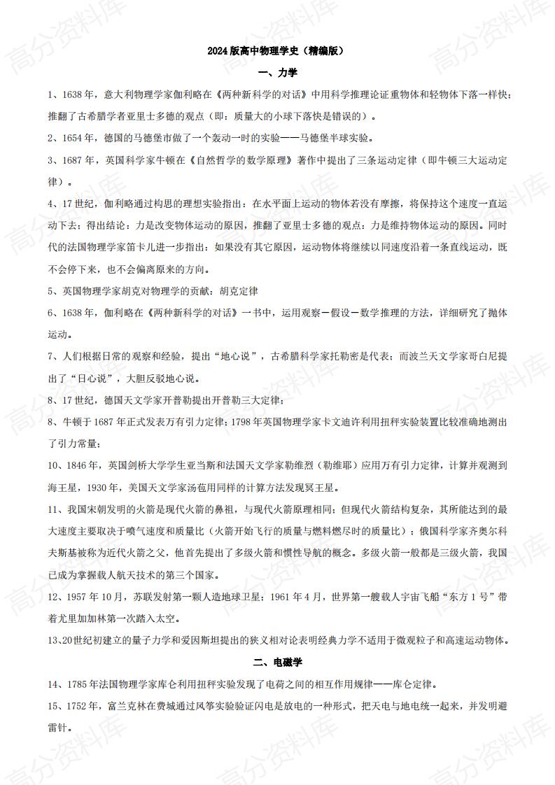 高中物理-2024版高中物理学史（精编版）-言心吖资料库