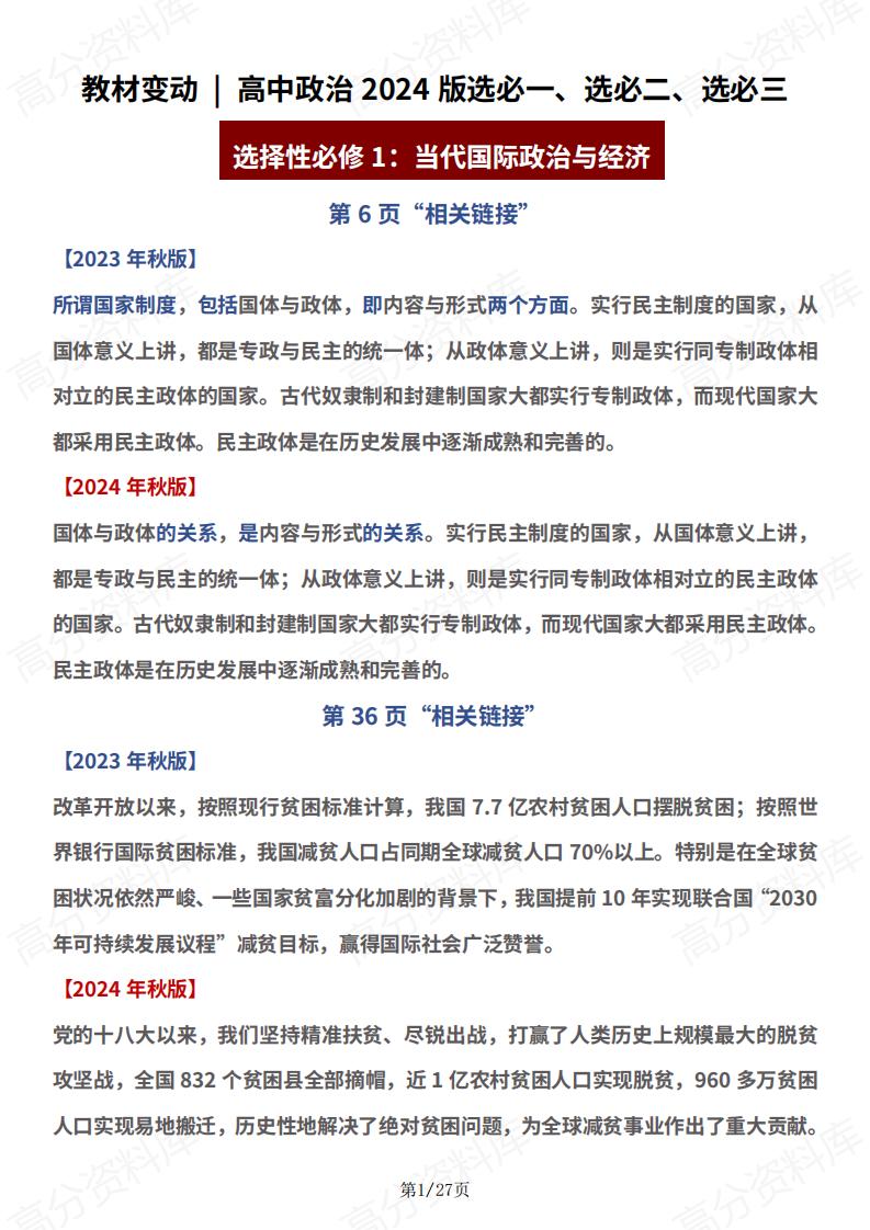 高中政治-2024版选必一二三教材变动-言心吖资料库