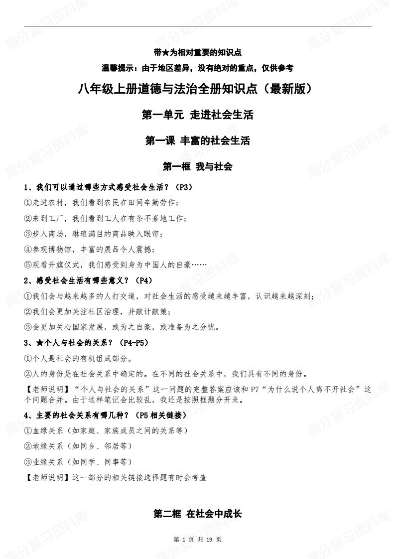 初中道法-部编版8年级初二上册道德与法治全册知识点归纳总结【问答式逐课】-言心吖资料库