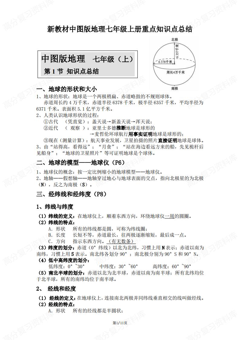 初中地理 | 七上中图版秋新教材知识总结-言心吖资料库