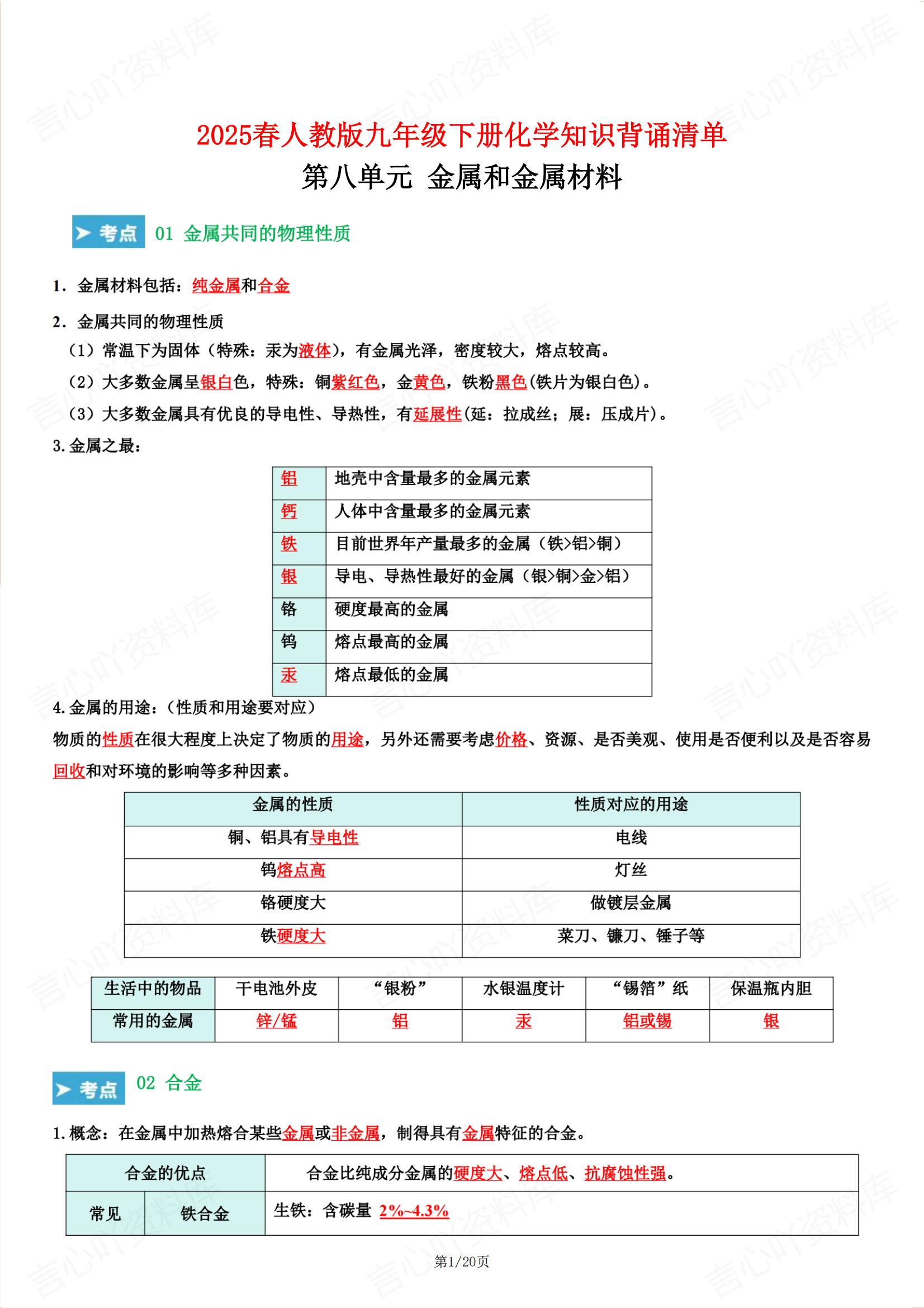 初中化学 | 人教版九下新知识考点清单总结-言心吖资料库