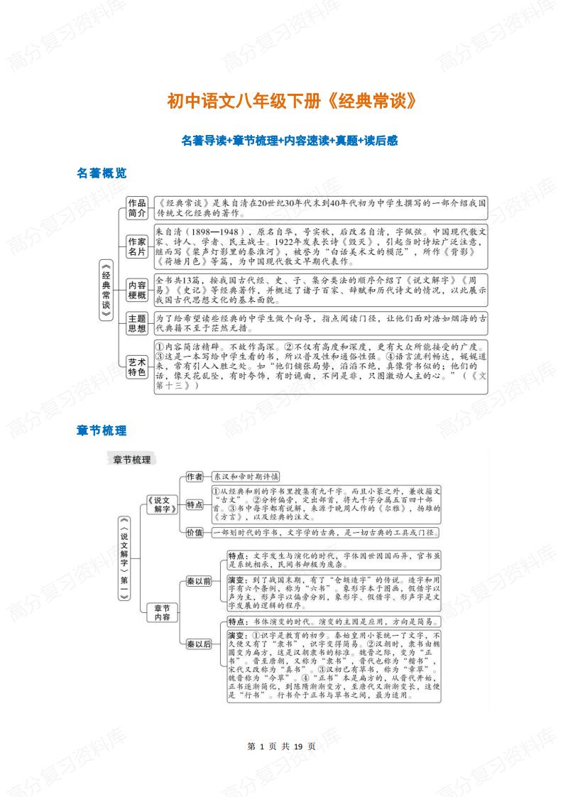 初中语文-8年级初二下册《经典常谈》名著导读+章节梳理+内容速读+真题+读后感-言心吖资料库