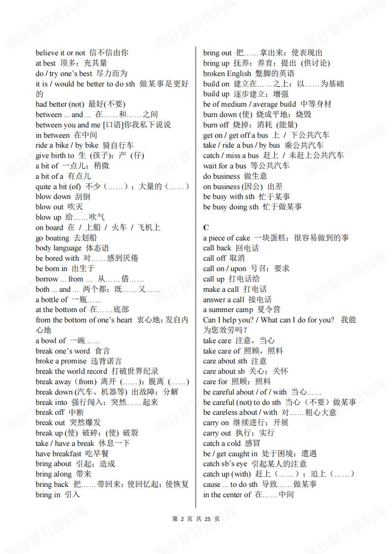 初中英语 | 1920个常见固定搭配考前复习插图初中英语1