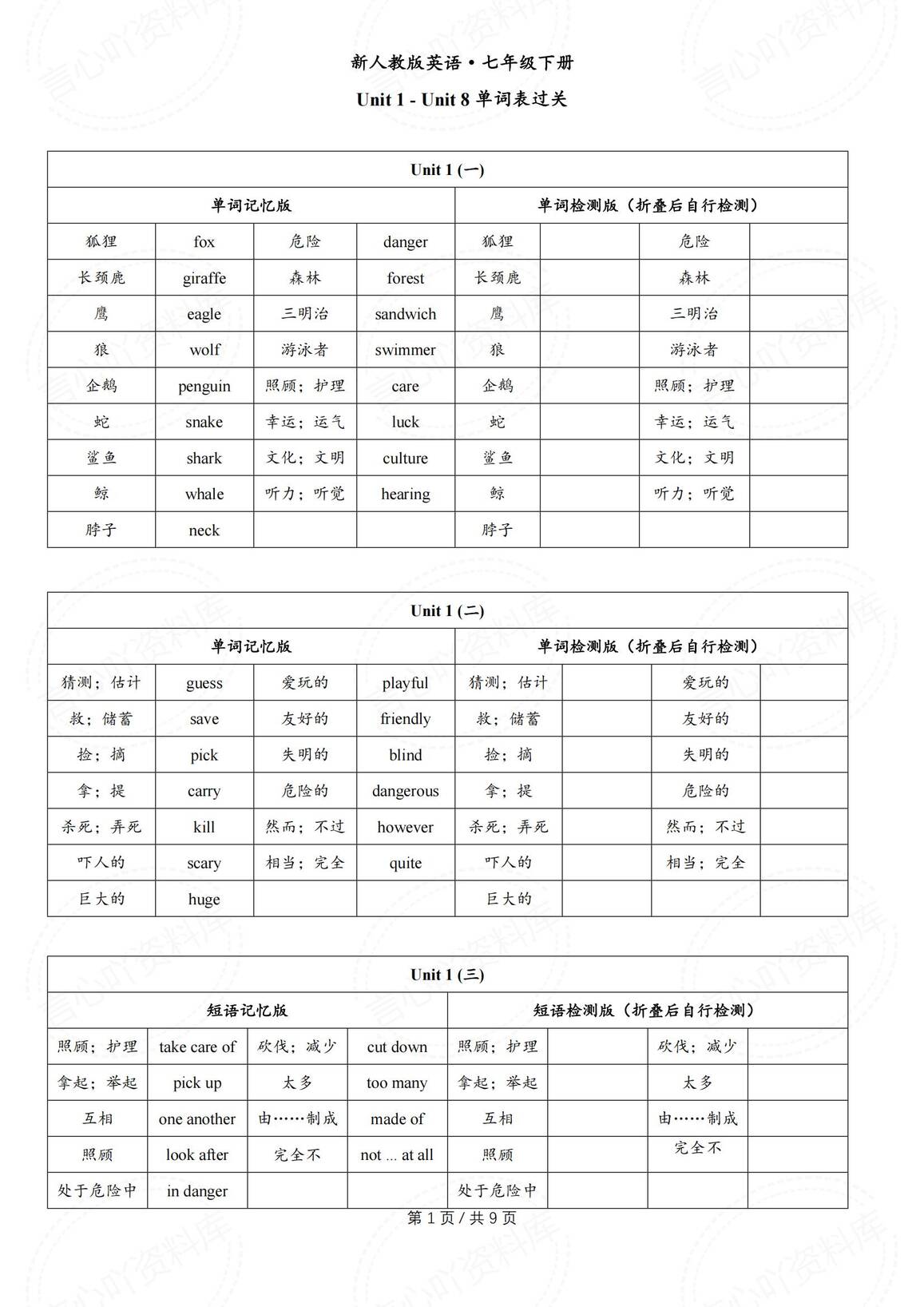 初中英语-2025春新人教版七年级下册单词过关自测小纸条-言心吖资料库
