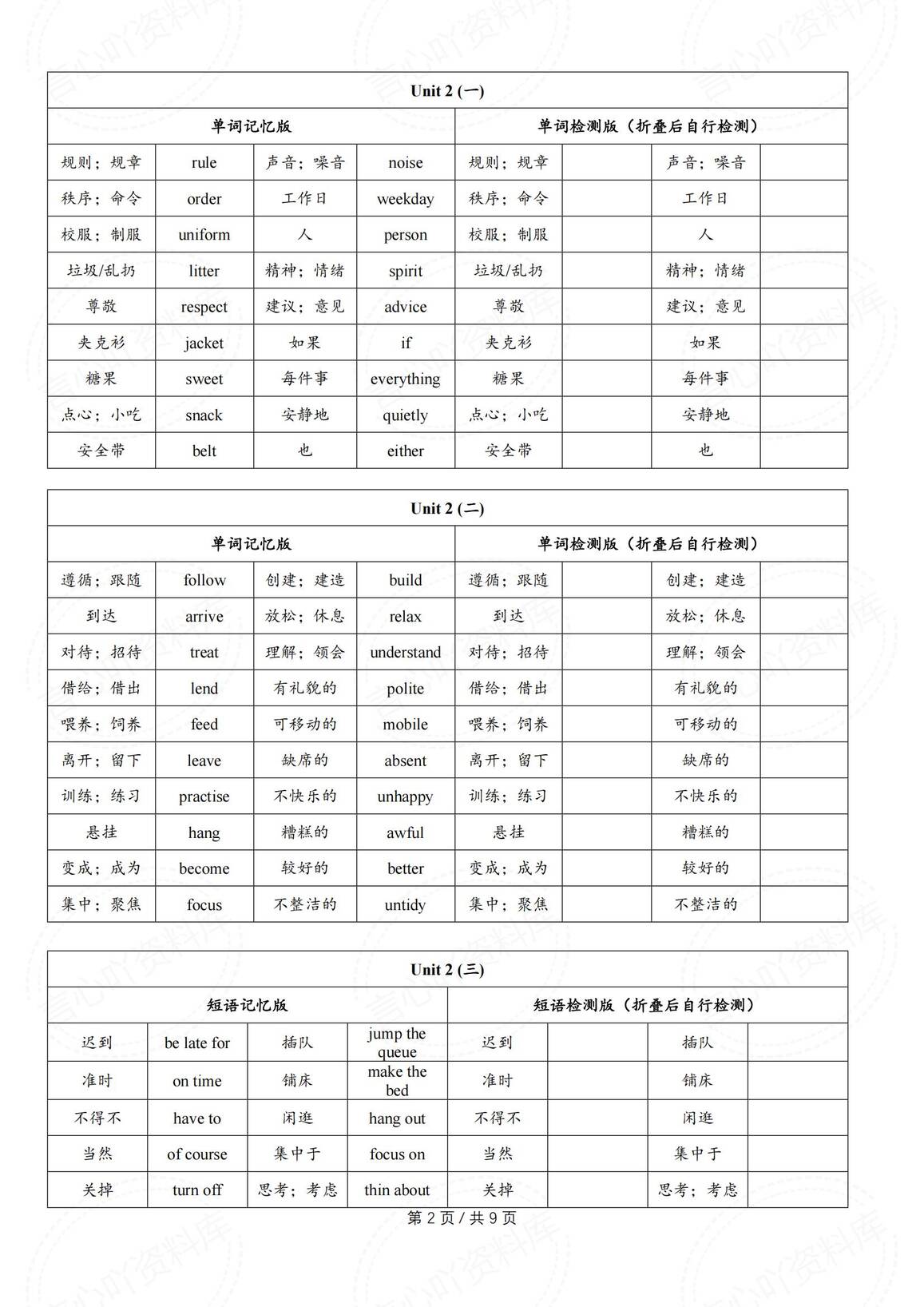 初中英语-2025春新人教版七年级下册单词过关自测小纸条插图初中英语1